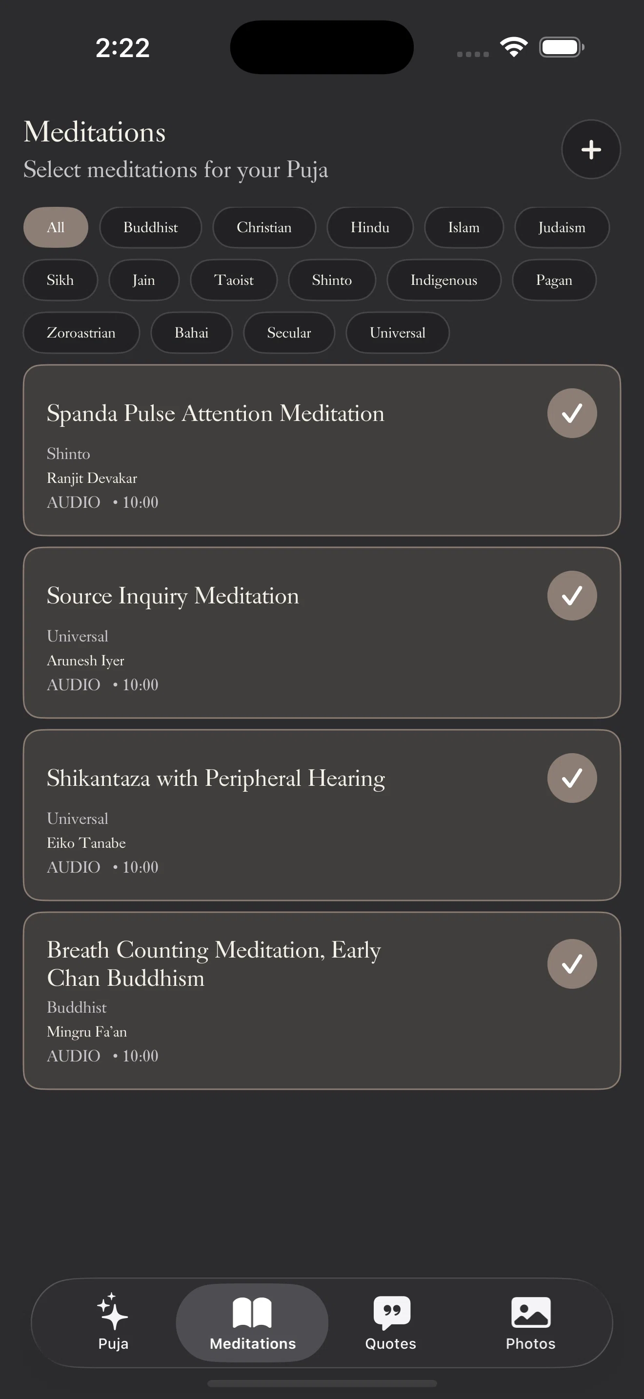 MyPuja meditations screen